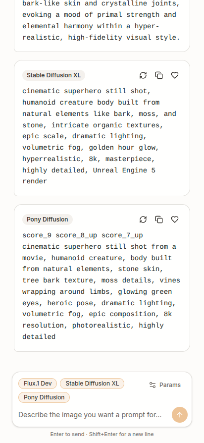 Promptkit chat on a phone: Stable Diffusion XL and Pony Diffusion replies, with the model picker below