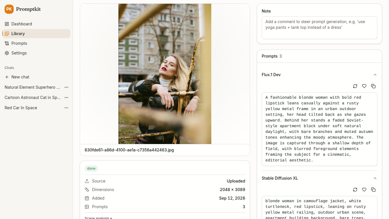 Promptkit detail view: a photograph beside its Flux.1 Dev and Stable Diffusion XL prompts