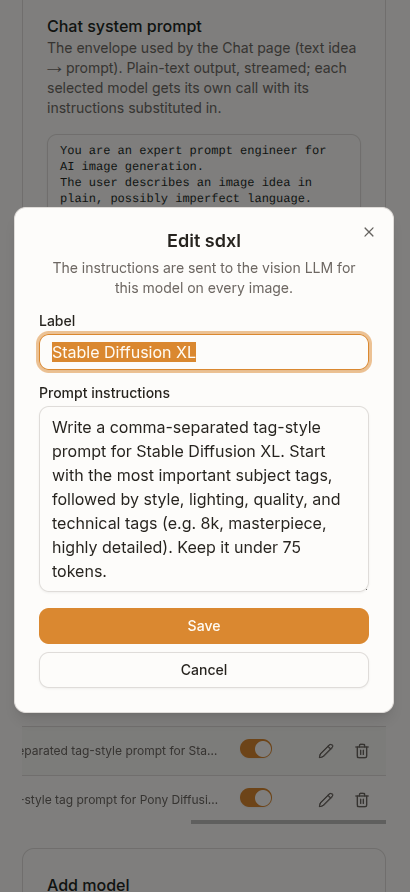 Promptkit settings on a phone, editing the Stable Diffusion XL label and its prompt instructions